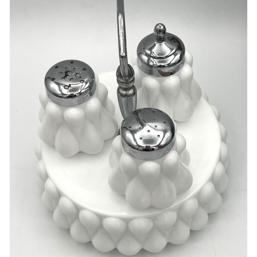Fenton Art Glass Teardrop Milk Glass Condiment Set No Spoon 1958 - 1966 - 4 Pc - Picture 2 of 11